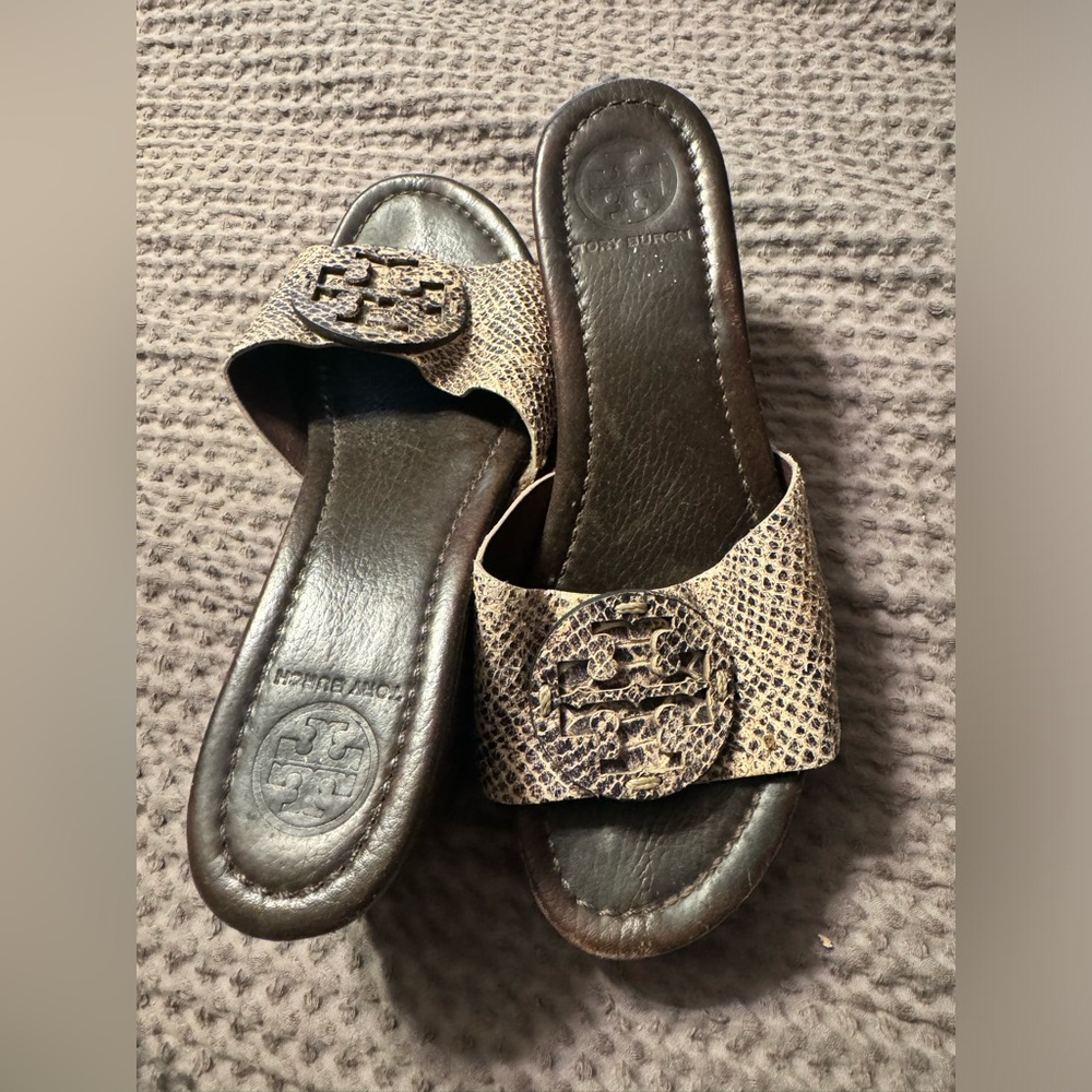 Tory Burch 7 Snakeskin Patti Wedge Heel Worn